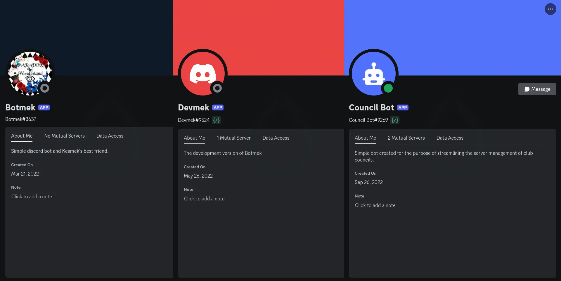 Various discord bot profiles developed by myself