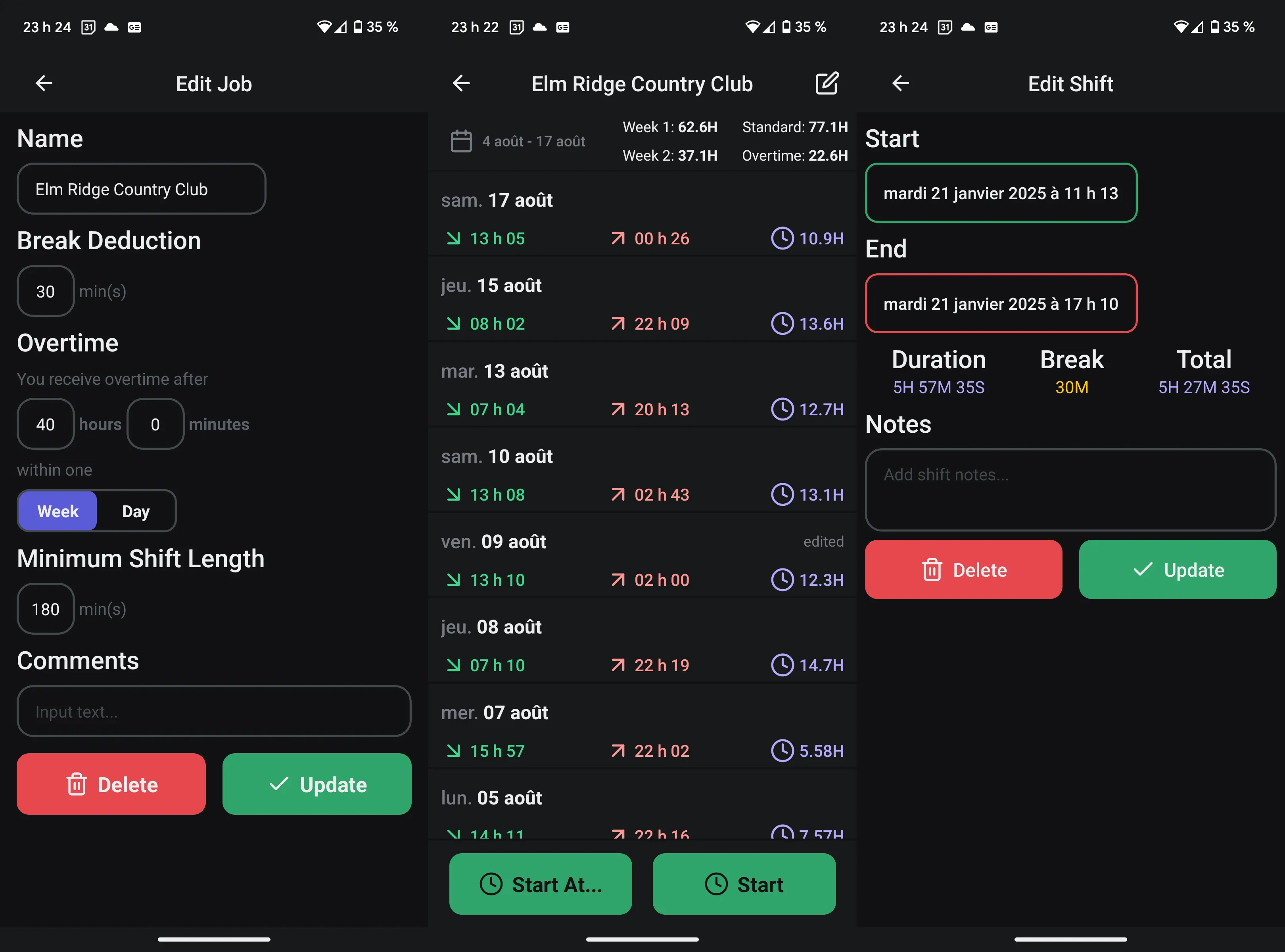 Various screens of the shiftly application